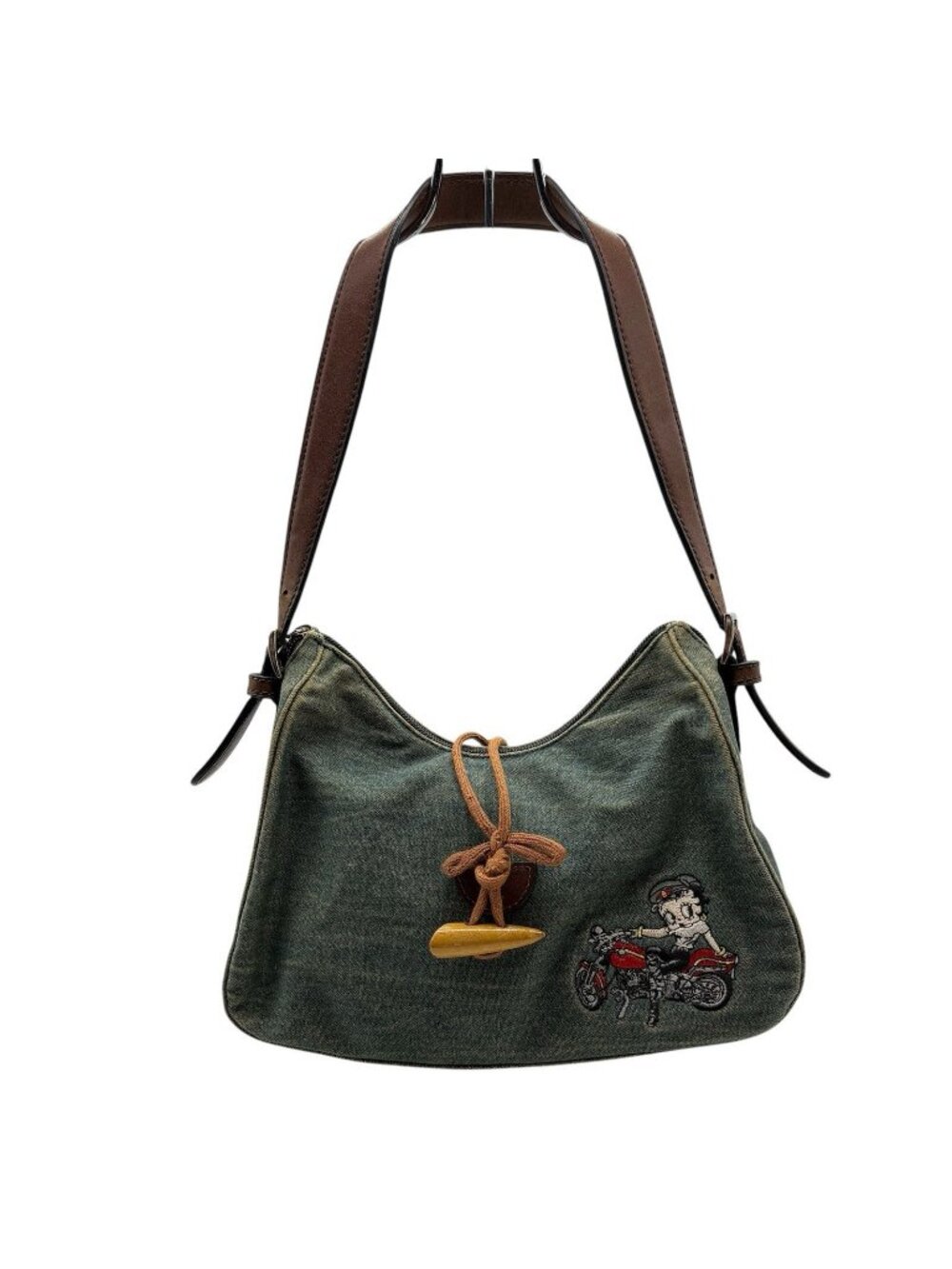 Vtg Betty Boop Shoulder Bag Purse Blue Denim / Brown Biker Y2K Rare